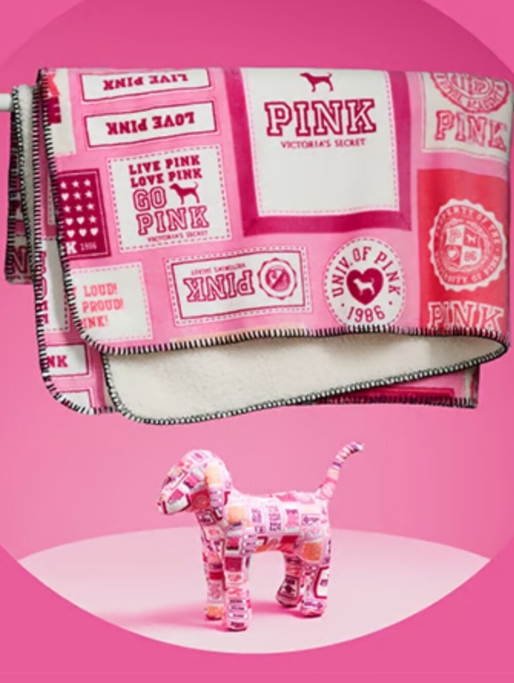 PINK Victoria's Secret Pink Logo Patchwork Sherpa Blanket With Mini Dog
